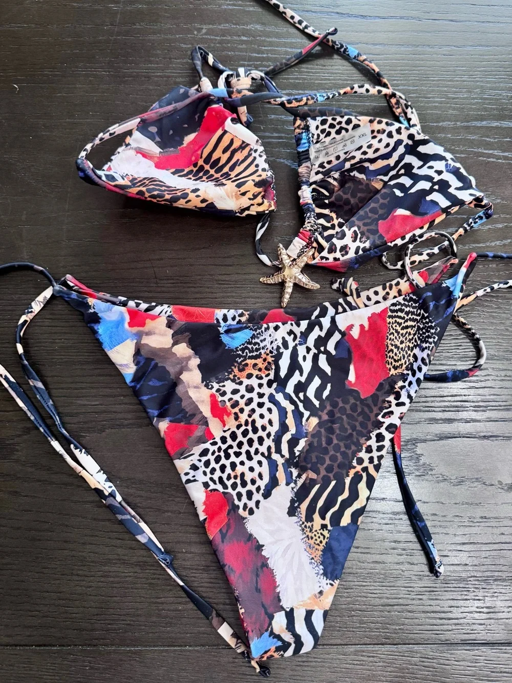 Women’s XXL Animal Print Triangle Bikini Set Tie Side Starfish Charm Multicolor